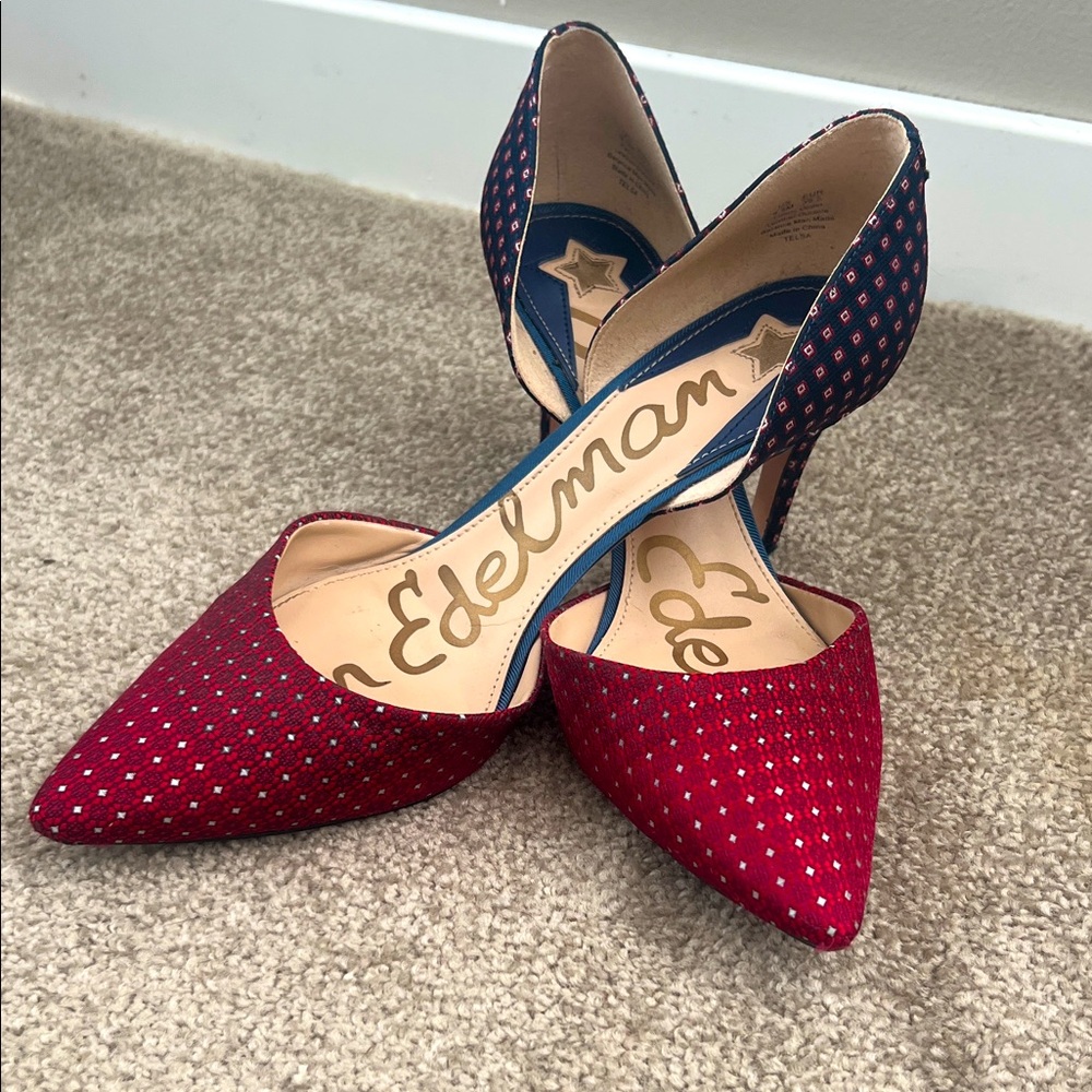 Sam Edelman Red and Navy Pointed Toe Heels